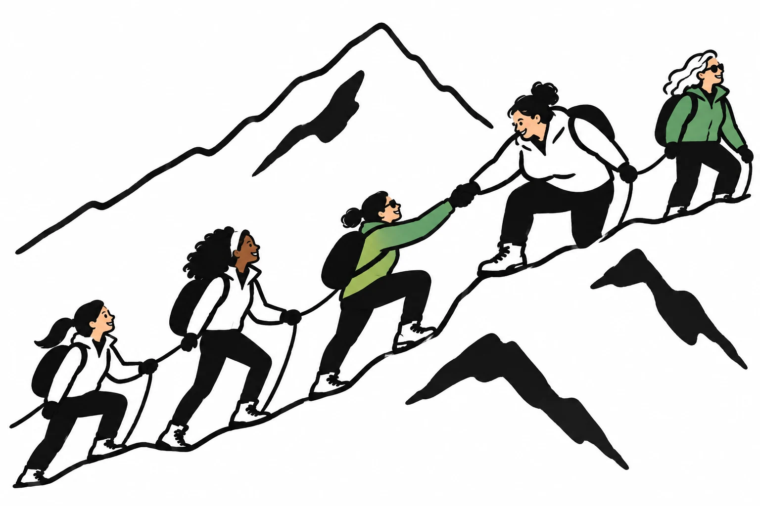 Five women connected by a climbing rope help one another ascend a mountain
