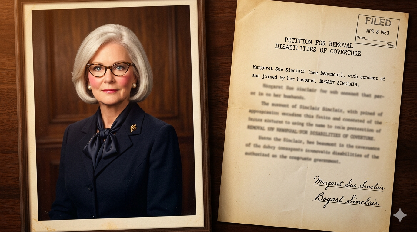 Portrait of Margaret Sinclair alongside her 1963 petition for removal of disabilities of coverture