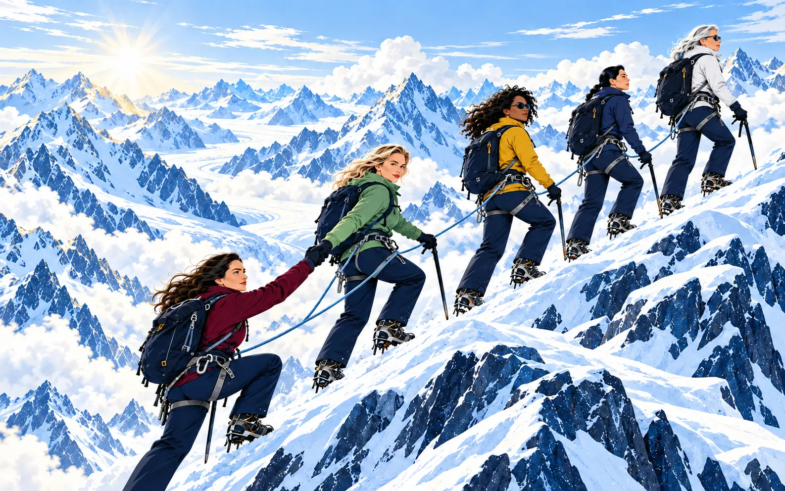 Women roped together and helping one another ascend an alpine summit
